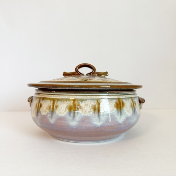 Don Herron Handcrafted Large Glazed Pottery Bowl with Lid Signed